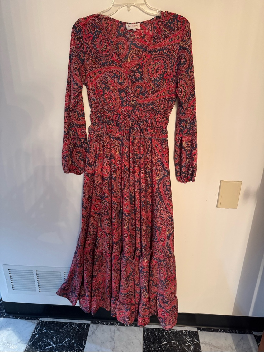Boemo Paisley Boho Maxi Dress Small Pink Blue Smocked Waist Tiered Maxi Festival - Picture 2 of 7